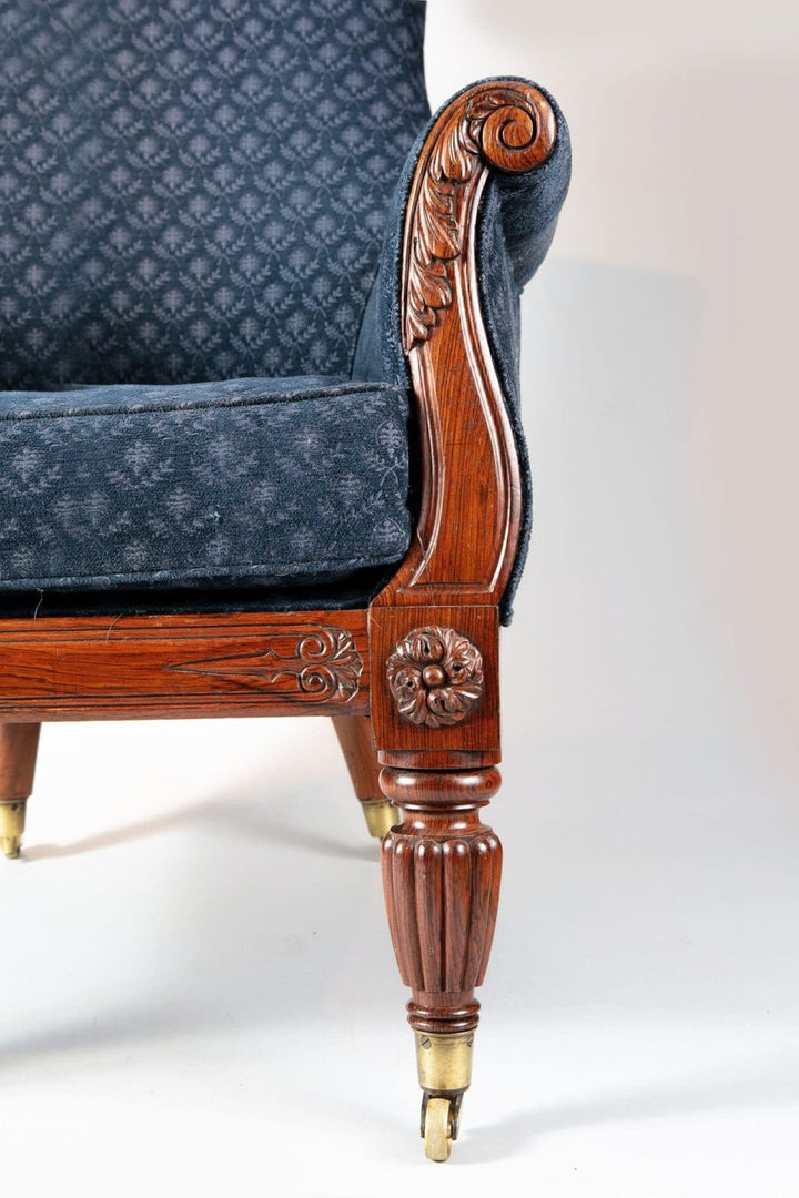 Regency lyre form rosewood library chair arm with intricate carving and blue upholstery by Collection CK20