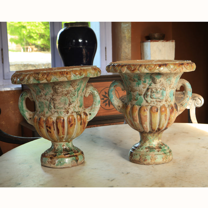 A Pair of Late 17th Century Tin-Glazed Campana Urns