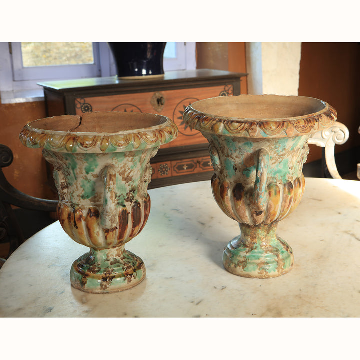 A Pair of Late 17th Century Tin-Glazed Campana Urns