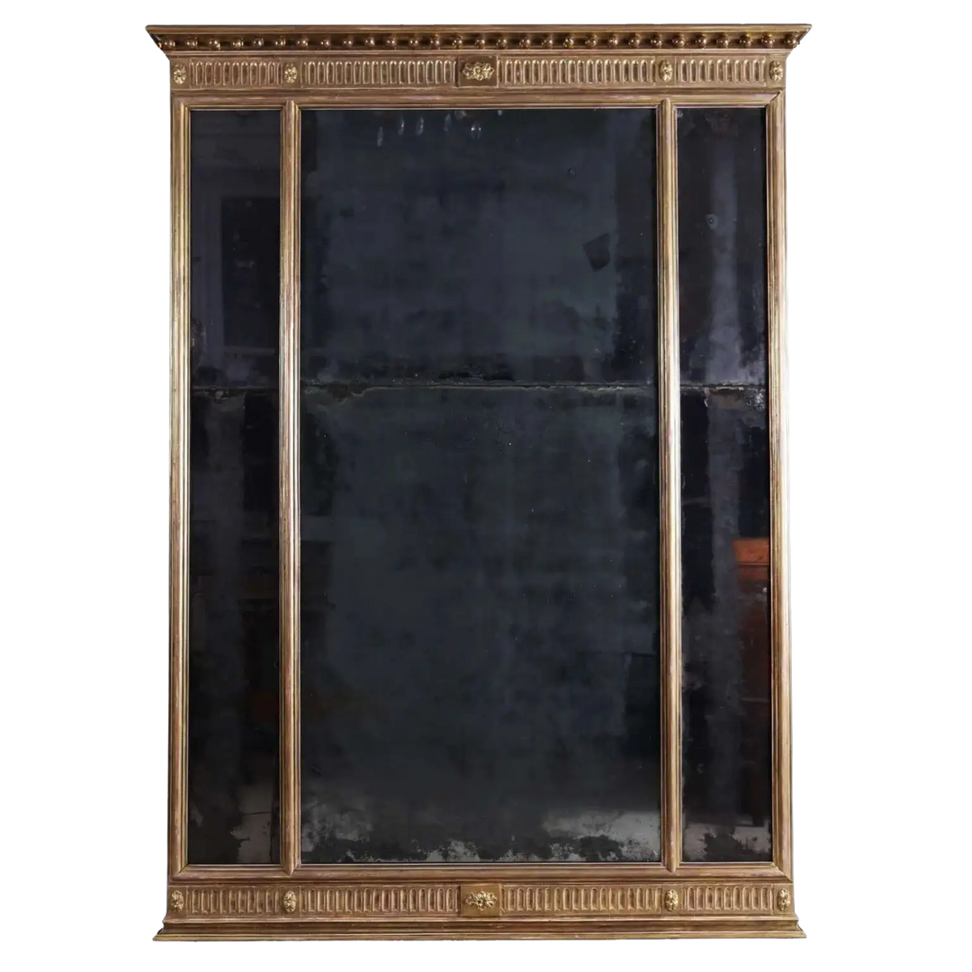 George III Three-plate Giltwood Overmantel Mirror, late 18th century neo-classical giltwood design, 146 cm height, 106 cm width.