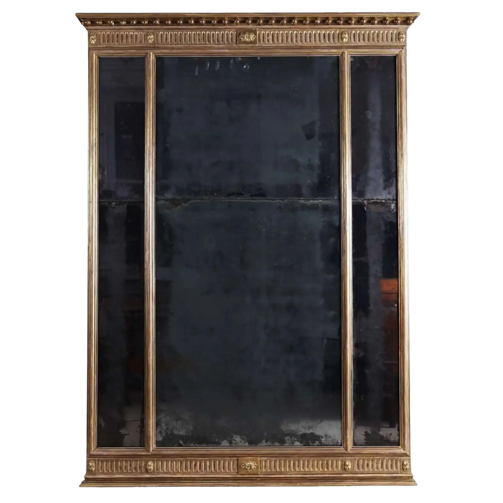 George III Three-plate Giltwood Overmantel Mirror, late 18th century neo-classical giltwood design, 146 cm height, 106 cm width.