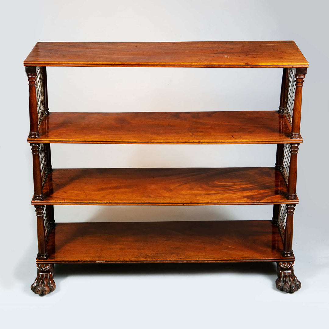 Regency flame mahogany set of shelves with brass wire panels and paw feet by Collection CK20