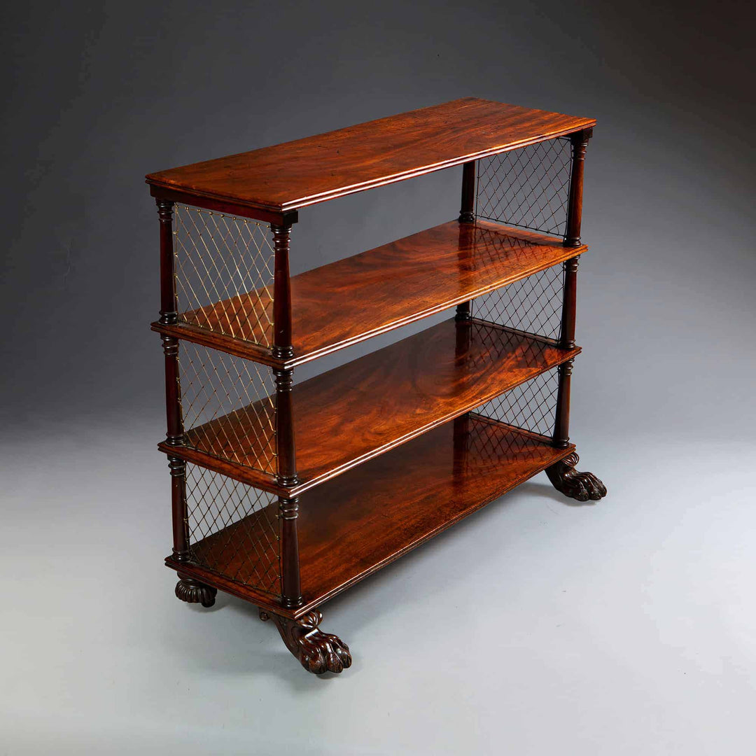Regency flame mahogany shelves with brass wire panels and paw feet, classic design by Collection CK20