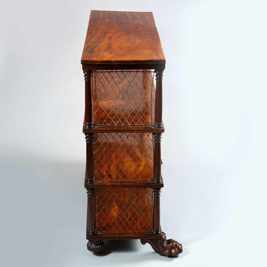 Regency flame mahogany set of shelves with brass wire panels and carved paw feet by Collection CK20.
