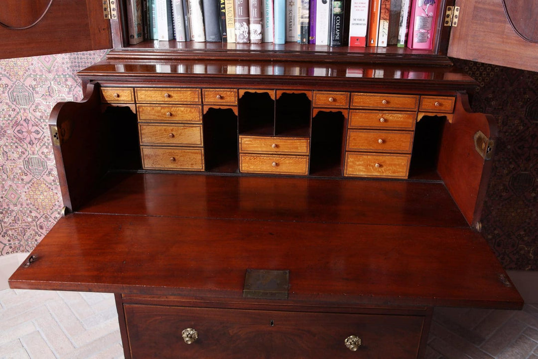 Open narrow George III Hepplewhite secretaire bookcase with multiple small drawers by Nwtiques