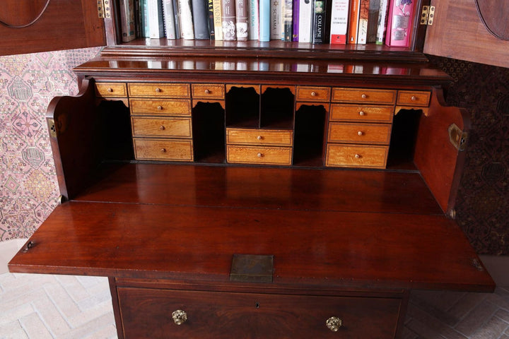 Open narrow George III Hepplewhite secretaire bookcase with multiple small drawers by Nwtiques