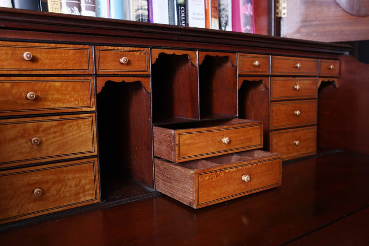 Close-up of narrow George III Hepplewhite secretaire bookcase drawers by Nwtiques