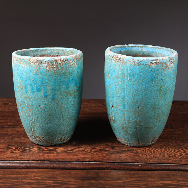 Pair of Turquoise Crackle-Glazed Ceramic Vases Mounted as Table Lamps