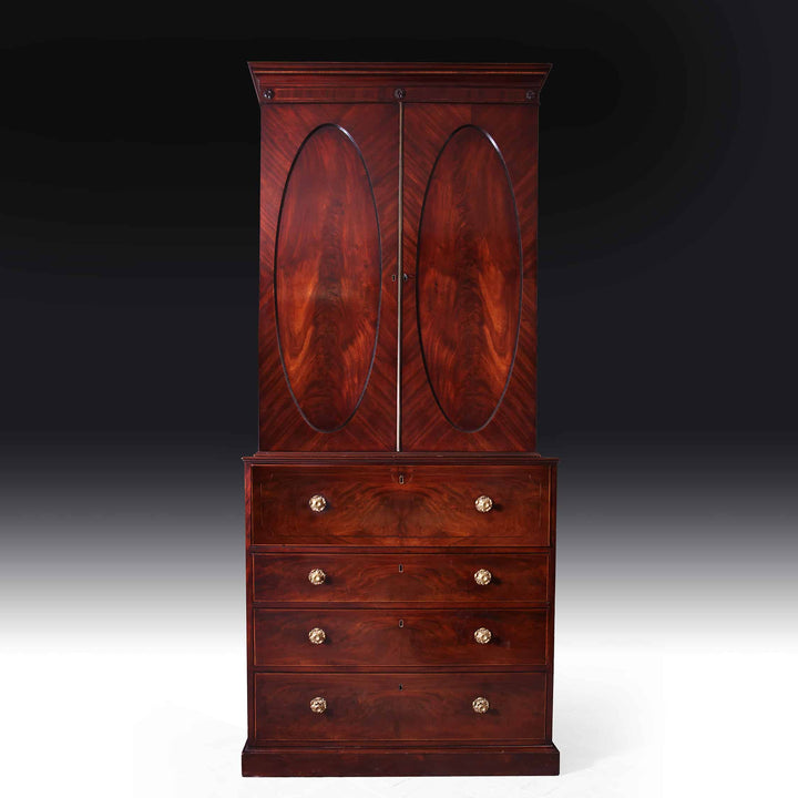 Narrow George III Hepplewhite Secretaire Bookcase by Nwtiques in rich mahogany wood finish
