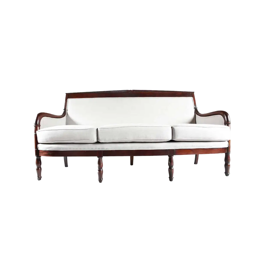 Early 19th century French Empire mahogany sofa with white upholstery by Collection TH20, elegant period design.