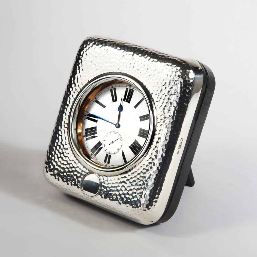 Edwardian giant pocket watch in original hammered silver case with hinged stand by The Sold Archive