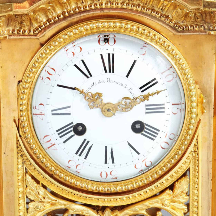 Close-up of gilt bronze antique mantel clock dial with Roman numerals by Société des Bronzes de Paris from Nwtiques