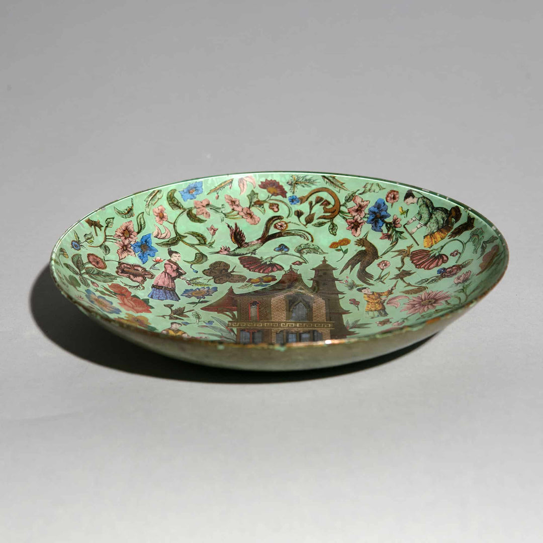 19th century green chinoiserie decalcomania dish with intricate motifs by Nwtiques