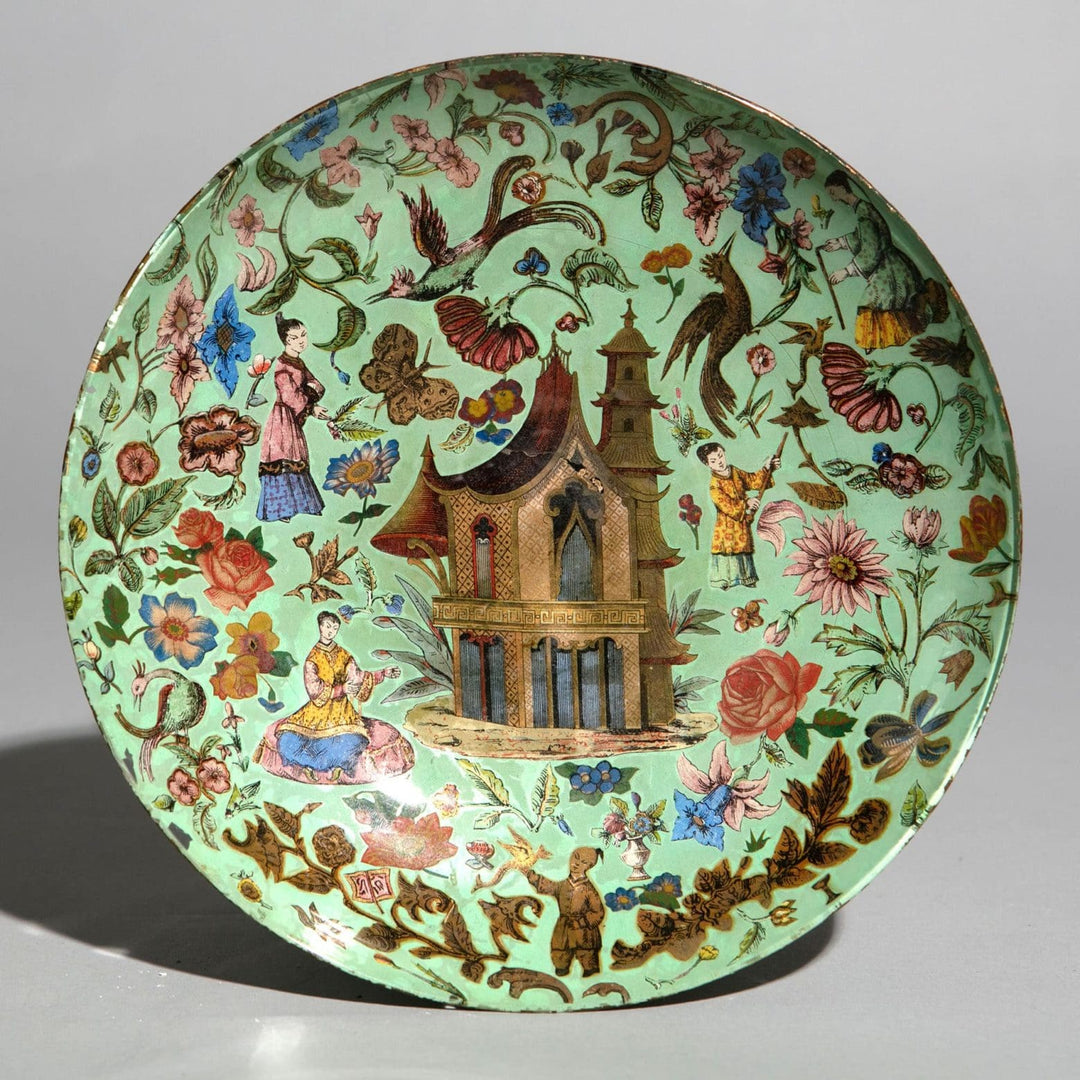 19th-century green chinoiserie decalcomania glass dish with pagoda and floral motifs by Nwtiques