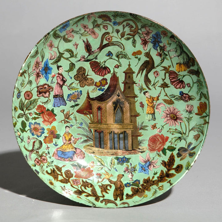 19th-century green chinoiserie decalcomania glass dish with pagoda and floral motifs by Nwtiques