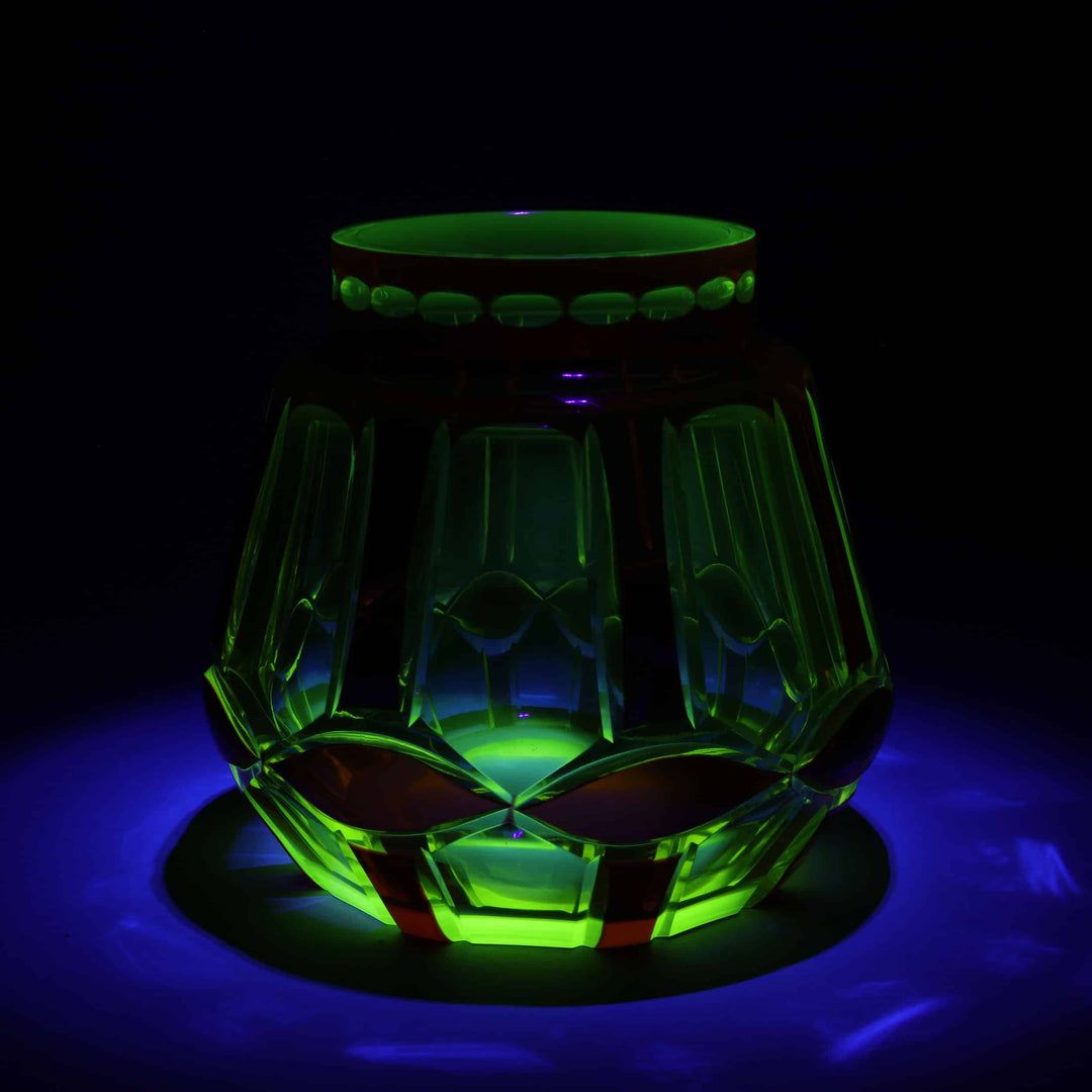 Val St Lambert Palacio uranium glass vase with ruby casing by Nwtiques glowing under UV light