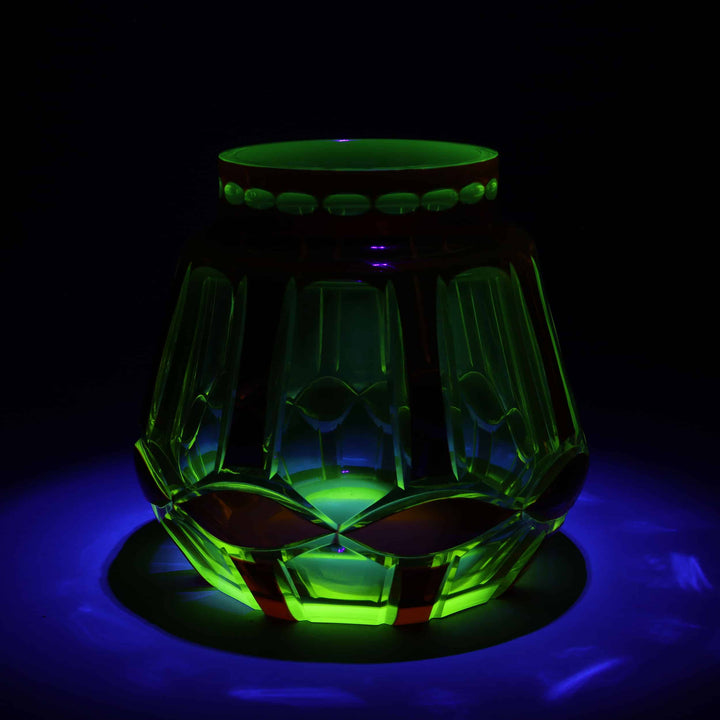 Val St Lambert Palacio uranium glass vase with ruby casing by Nwtiques glowing under UV light