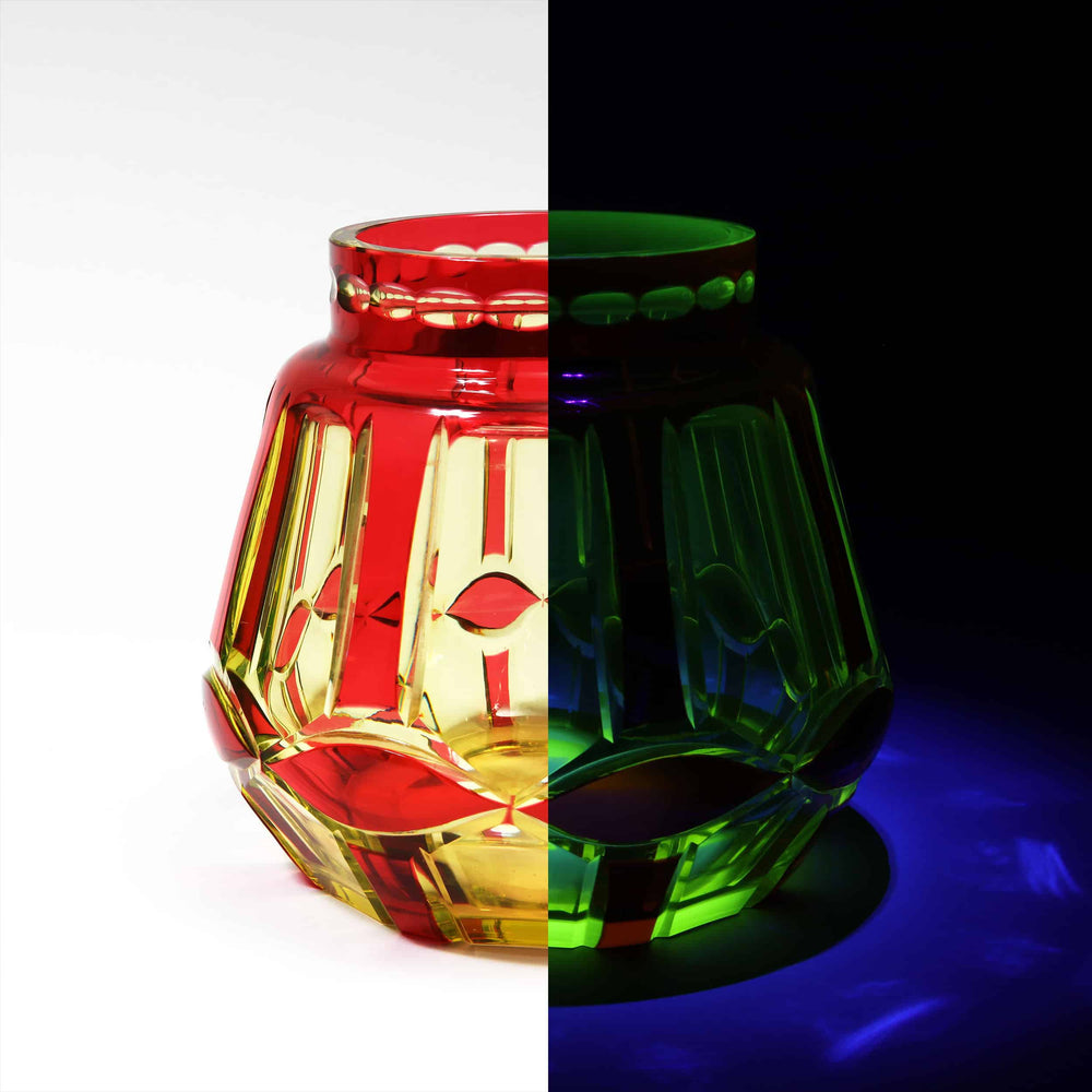 Val St Lambert ruby over uranium glass vase Palacio shown in daylight and glowing under UV by Nwtiques