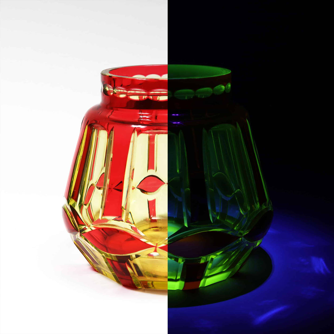 Val St Lambert ruby over uranium glass vase Palacio shown in daylight and glowing under UV by Nwtiques
