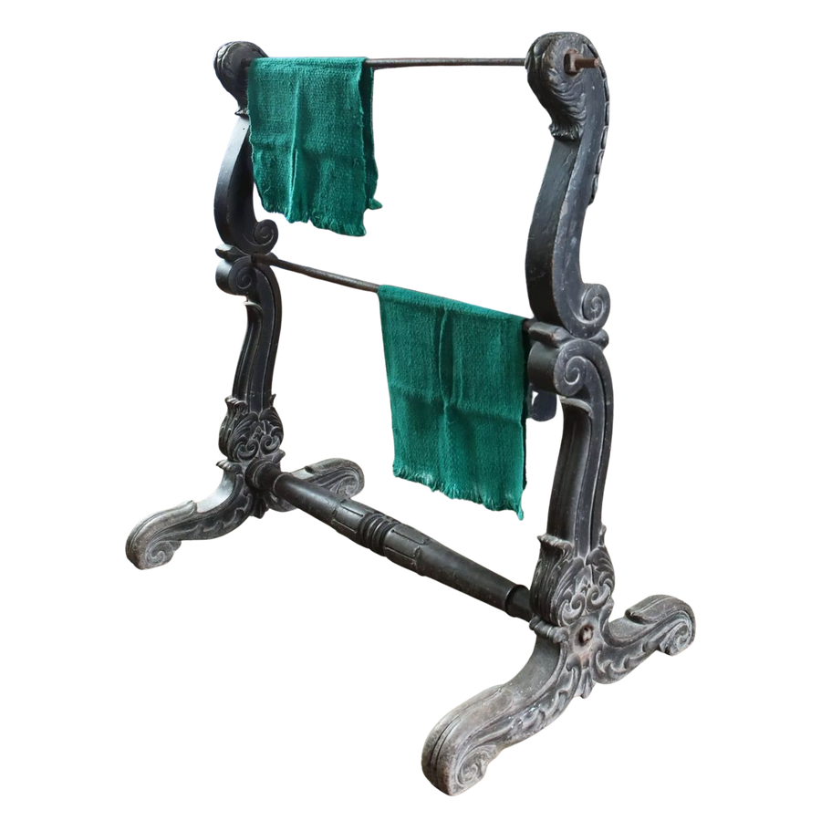 Substantial 19th-century Indian ebonised double saddle rack stand with carved scroll feet by Collection EE10