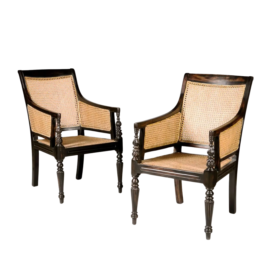 Pair of Regency style ebony caned library chairs with elegant turned legs by Collection EE30