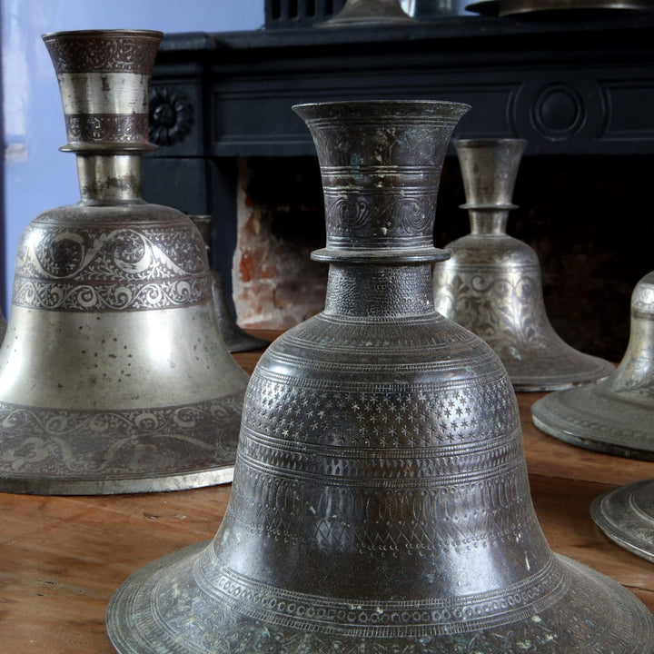 Collection EE20 with 13 Indian metal hookah bases featuring intricate engraving and silver plating from 19th and 20th century