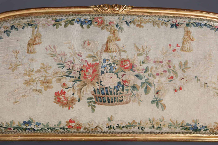 Close-up of original petit point needlework floral upholstery on giltwood Neo Classical canapé by Collection CK20