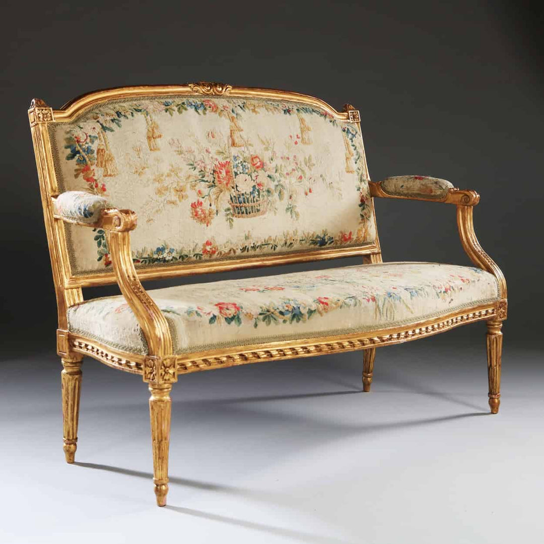 Pair of Neo Classical canapés with giltwood frame and original petit point upholstery by Collection CK20