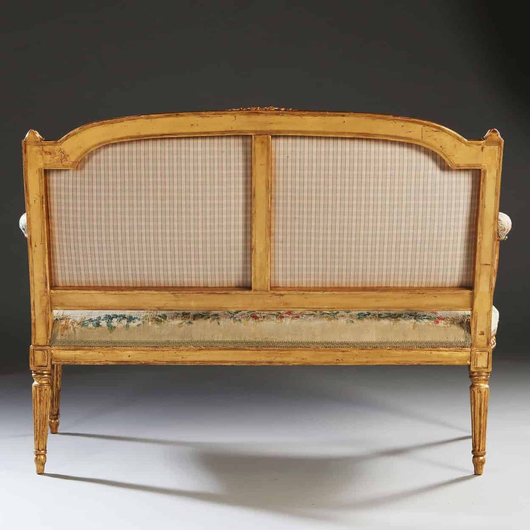 Back view of a pair of Neo Classical canapés with giltwood frame and original upholstery by Collection CK20