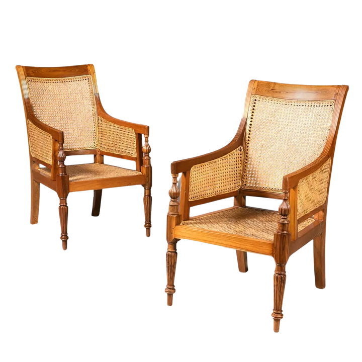 Pair of Regency style teak caned library chairs with turned legs and elegant curved backs by Collection EE30
