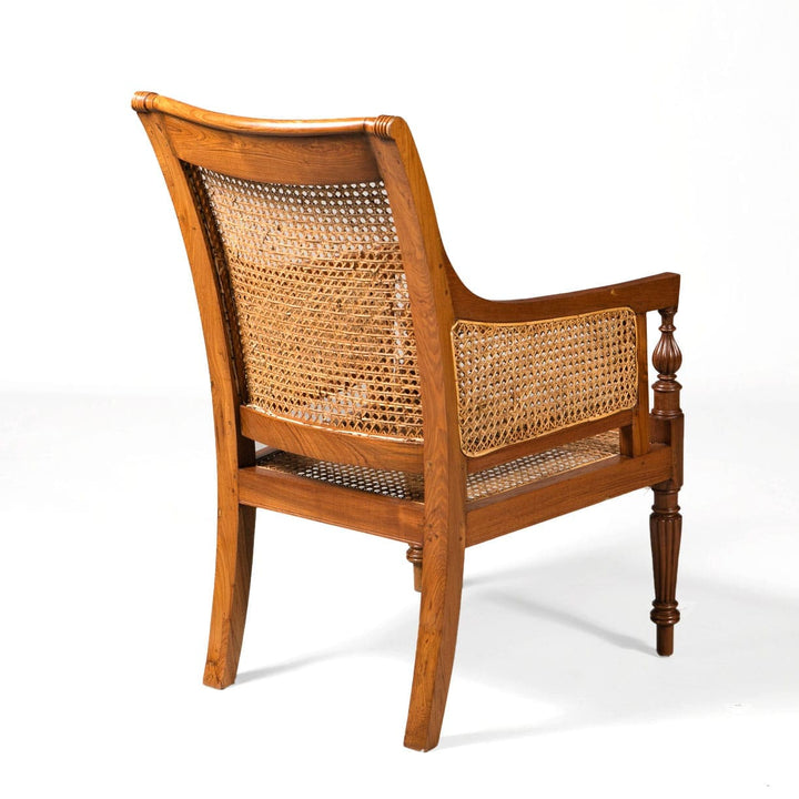 Regency style teak caned library chair with fluted legs and curved back from Collection EE30, elegant craftsmanship