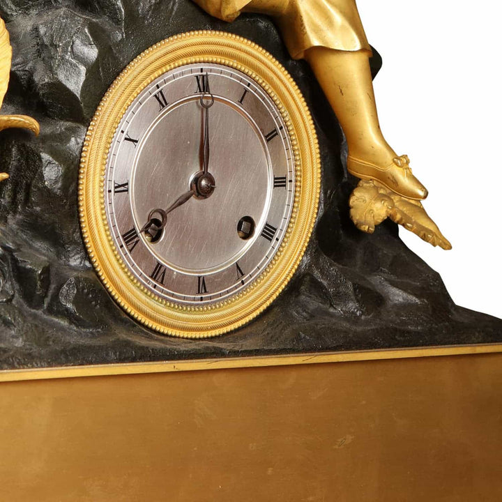 Close-up of Lord Byron gilt bronze mantel clock dial with Roman numerals by Nwtiques circa 1870