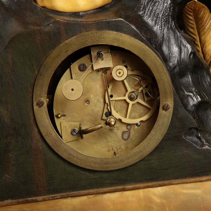 Close-up of gilded brass clock mechanism from Lord Byron mantel clock by Nwtiques