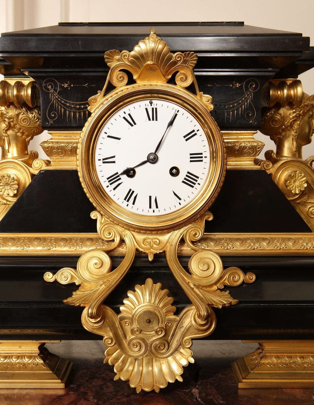 Napoleon III black marble and gilt bronze clock with white enamel face by Nicholas Wells Antiques