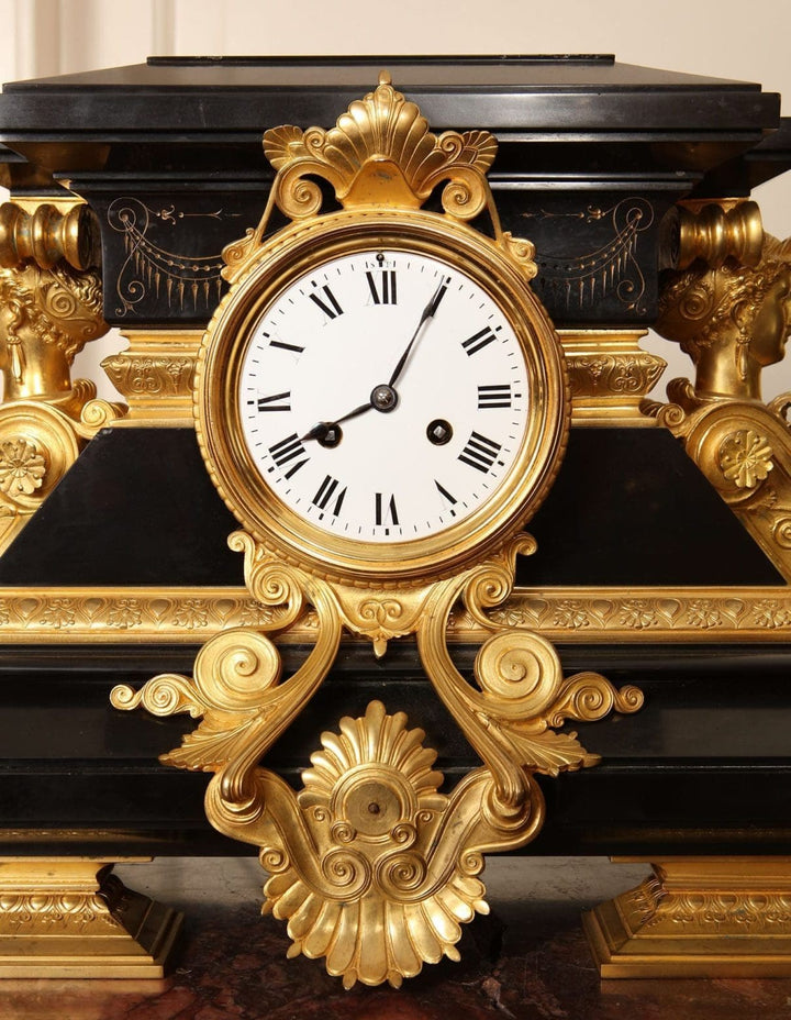 Napoleon III black marble and gilt bronze clock with white enamel face by Nicholas Wells Antiques