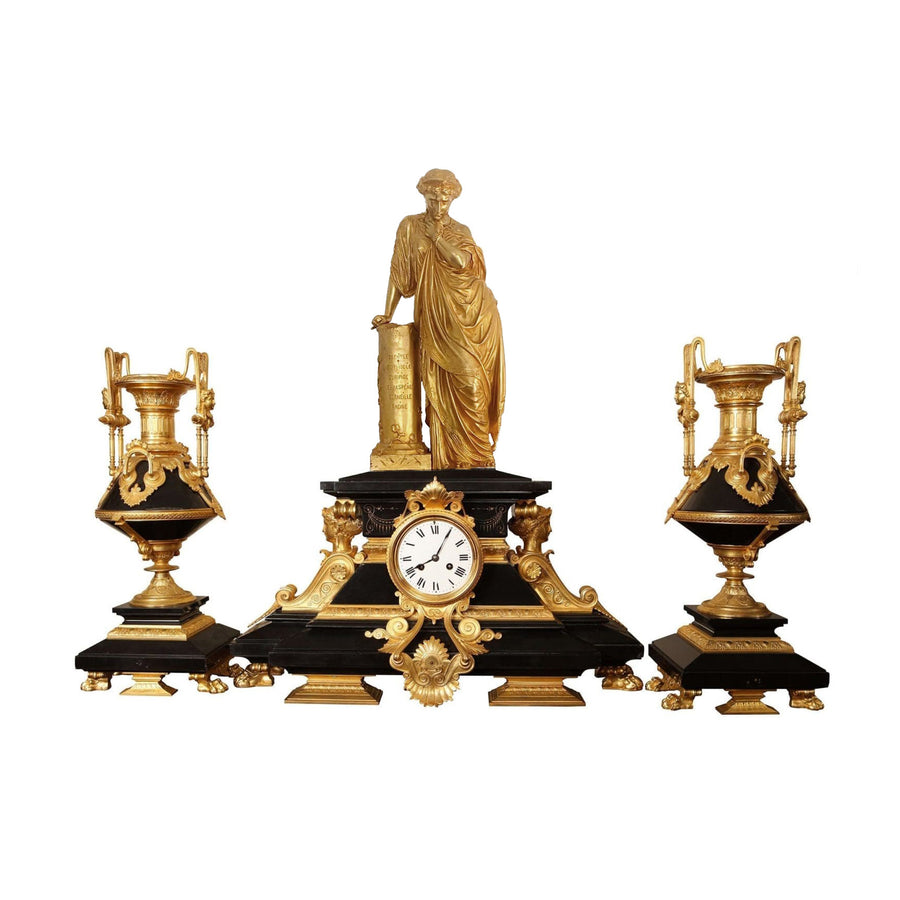 Napoleon III black marble clock set with gilt bronze neo-classical busts and urns by Nicholas Wells Antiques