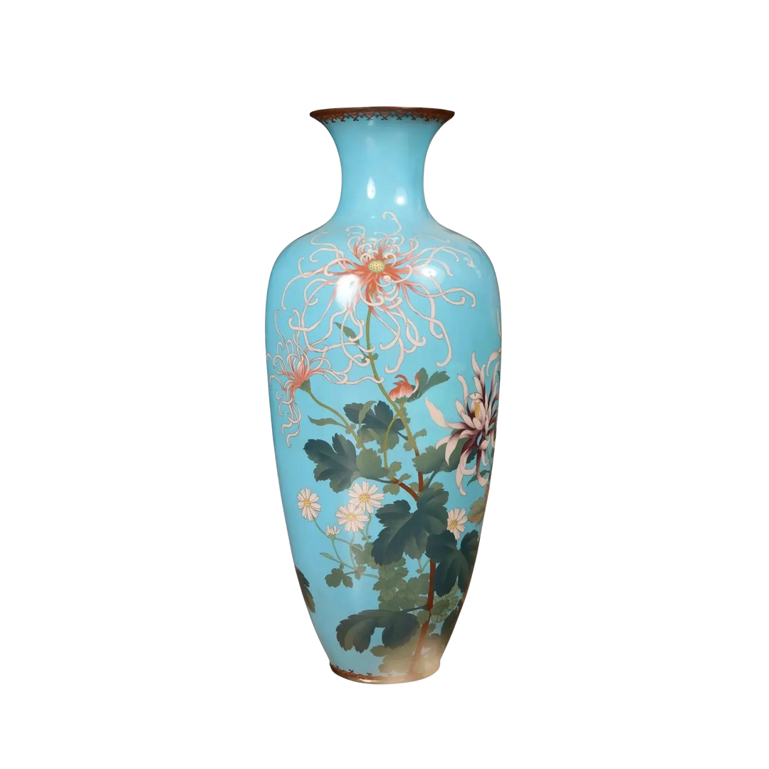 Superb Japanese Cloisonne enamel vase with floral design on light blue by Nwtiques