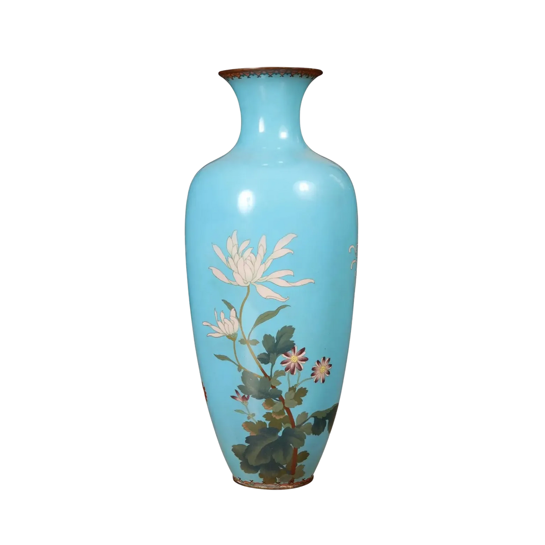 Superb Japanese Cloisonné enamel vase with floral design on light blue ground by Nwtiques