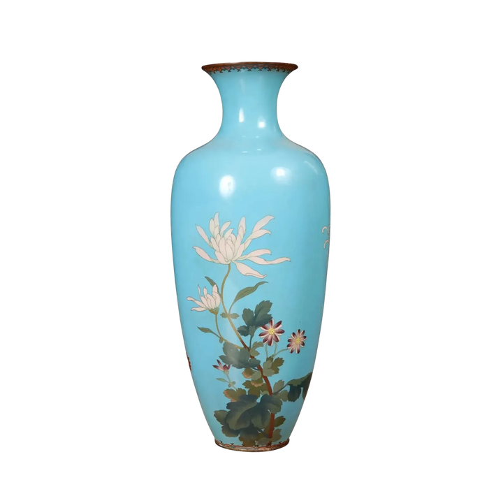 Superb Japanese Cloisonné enamel vase with floral design on light blue ground by Nwtiques