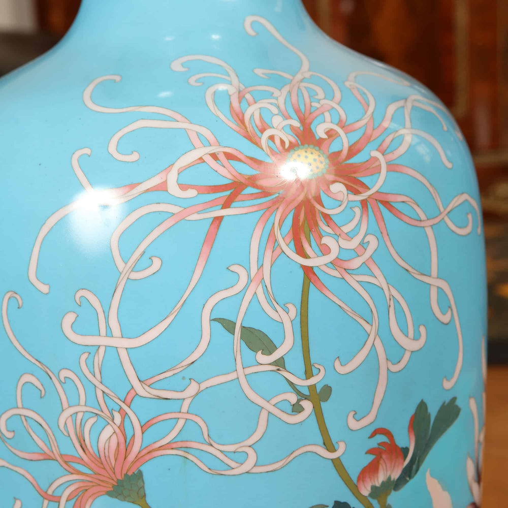 Close-up of floral detail on light blue Superb Japanese Cloisonne Enamel Vase by Nwtiques