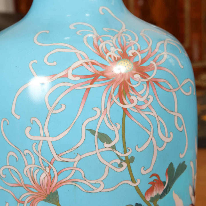 Close-up of floral detail on light blue Superb Japanese Cloisonne Enamel Vase by Nwtiques