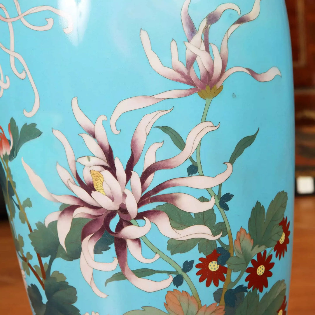 Close-up of superb Japanese cloisonné enamel vase with floral design from Nwtiques