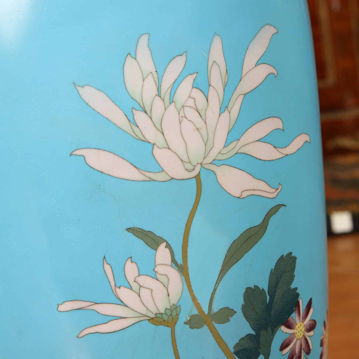 Light blue Japanese cloisonné enamel vase with floral design by Nwtiques, Meiji Period fine craftsmanship