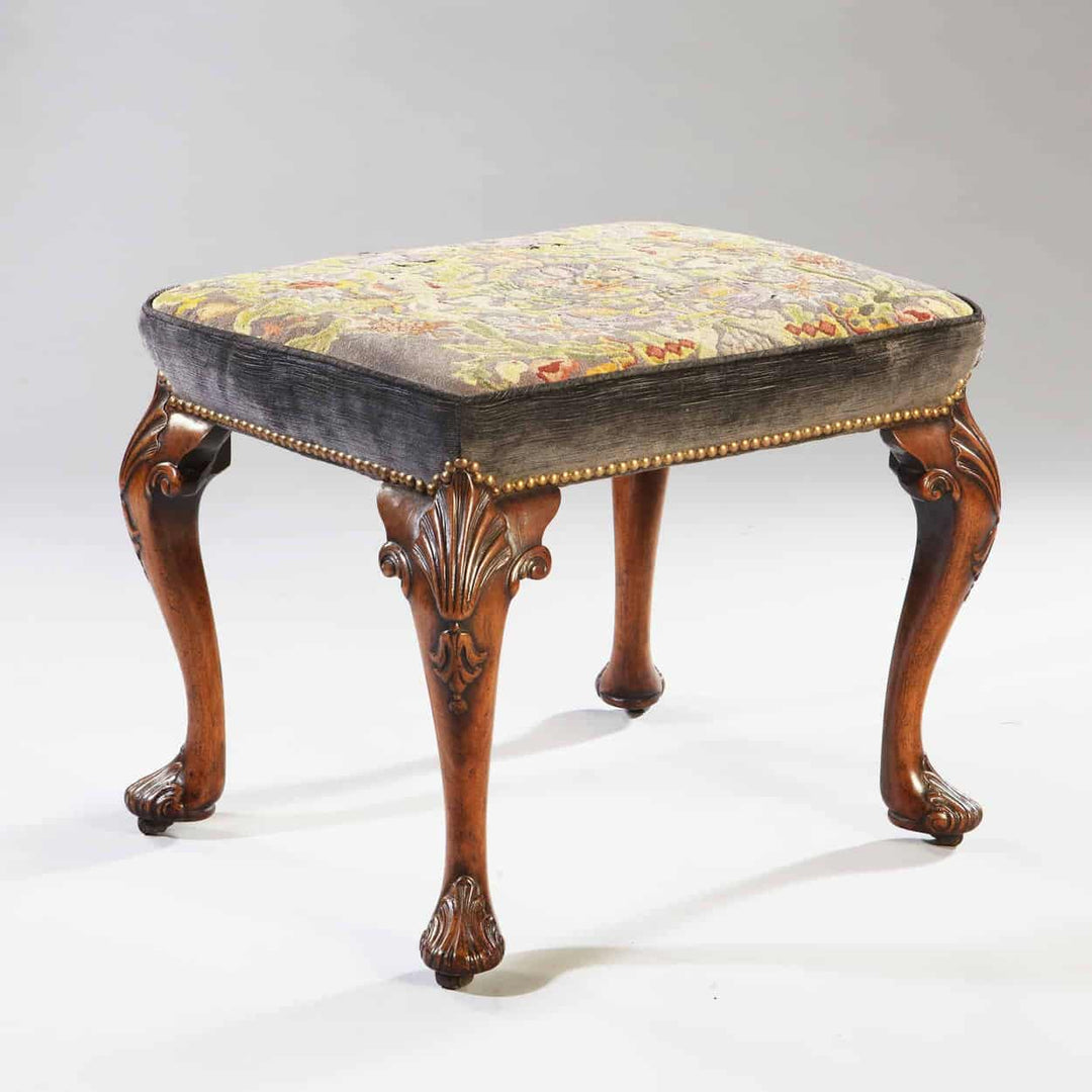 Early 18th century George II walnut stool with petit point upholstery by Collection CK20, showcasing carved cabriole legs.