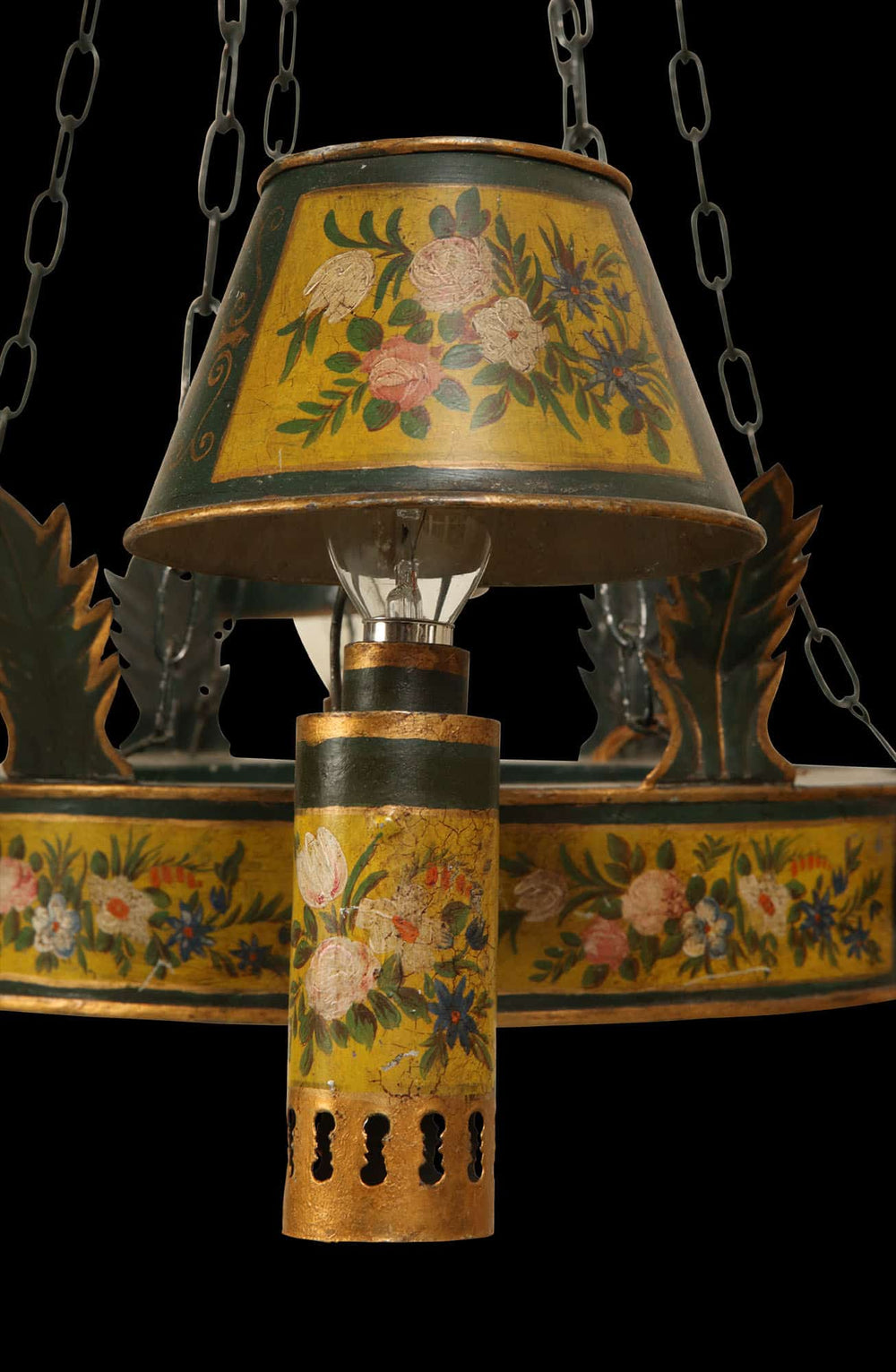 Close-up of Napoleon III six light tôle chandelier with floral painted design from Collection TH10