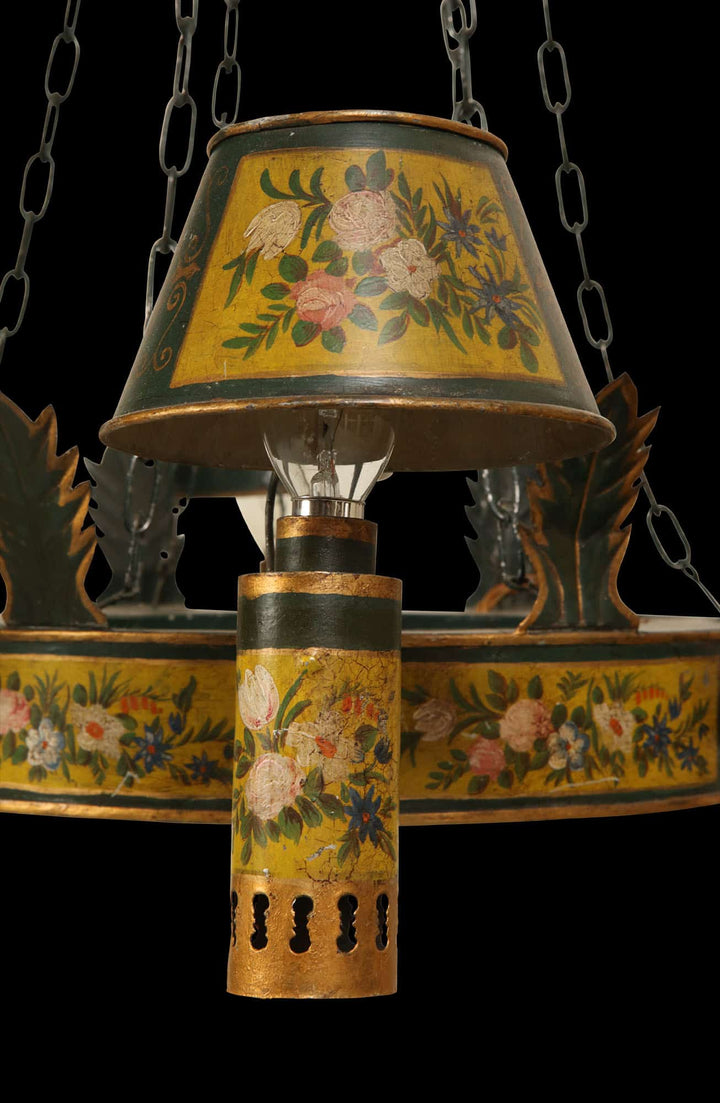 Close-up of Napoleon III six light tôle chandelier with floral painted design from Collection TH10