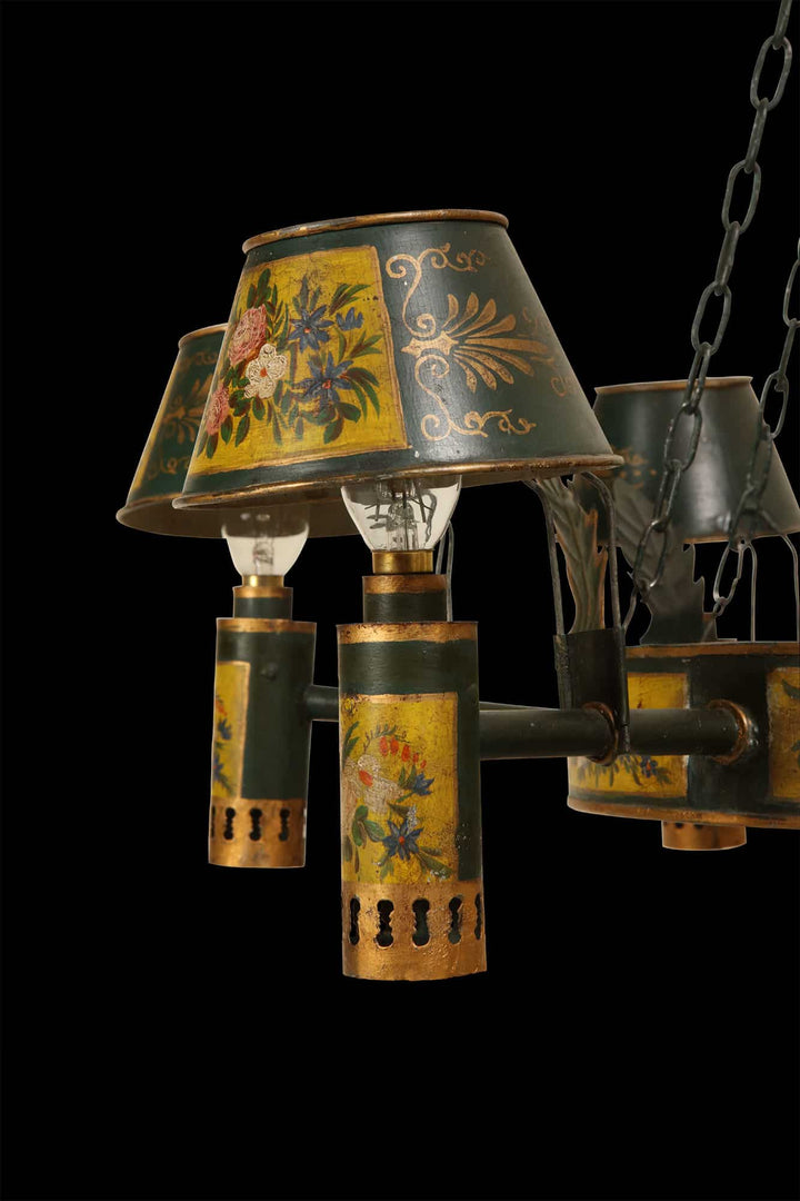 Napoleon III six light tôle chandelier with hand-painted floral shades from Collection TH10 suspended by chain