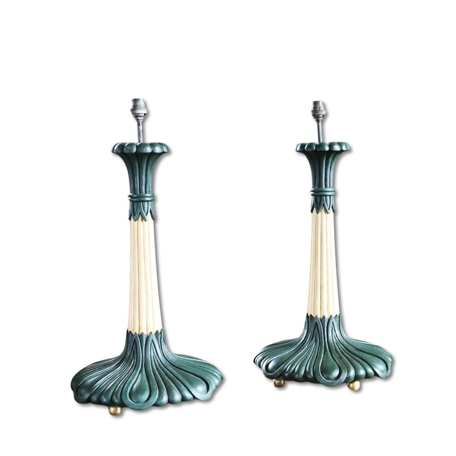 Pair of Foliate Column Lamps with cream hand-carved columns, dark green bases, and polished brass ball feet.