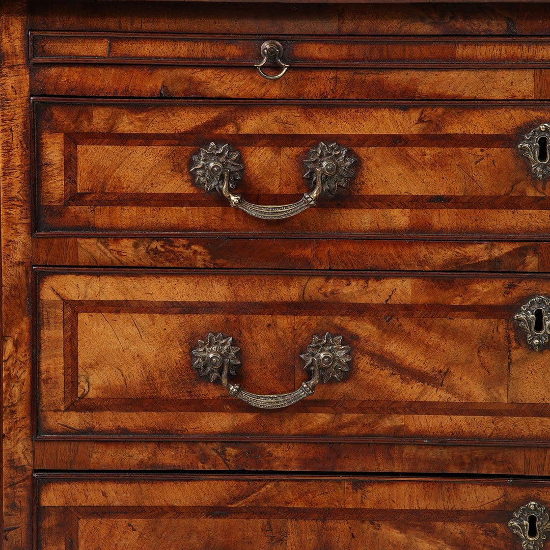 Close-up view of mid-18th century George II mahogany chest of drawers with brass handles by Collection CK20