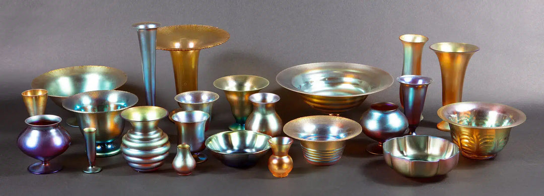 Collection TH20 showcasing 23 iridescent Art Deco WMF Myra glass bowls and vases with elegant vintage design.